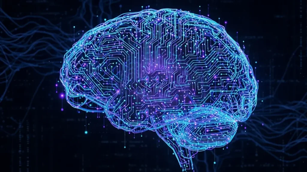 un cervello digitale stilizzato composto da circuiti luminosi blu e viola