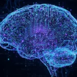 un cervello digitale stilizzato composto da circuiti luminosi blu e viola
