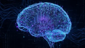 un cervello digitale stilizzato composto da circuiti luminosi blu e viola