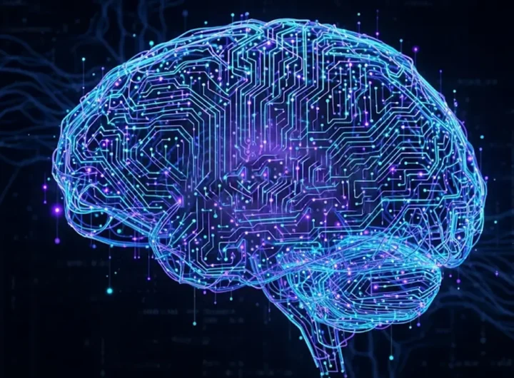 un cervello digitale stilizzato composto da circuiti luminosi blu e viola