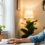 una persona con un espressione di sollievo mentre lavora al computer