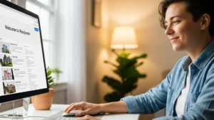 una persona con un espressione di sollievo mentre lavora al computer