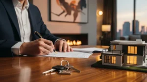 una persona mentre firma dei documenti su un tavolo di legno elegante