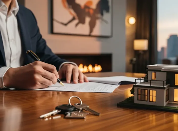 una persona mentre firma dei documenti su un tavolo di legno elegante