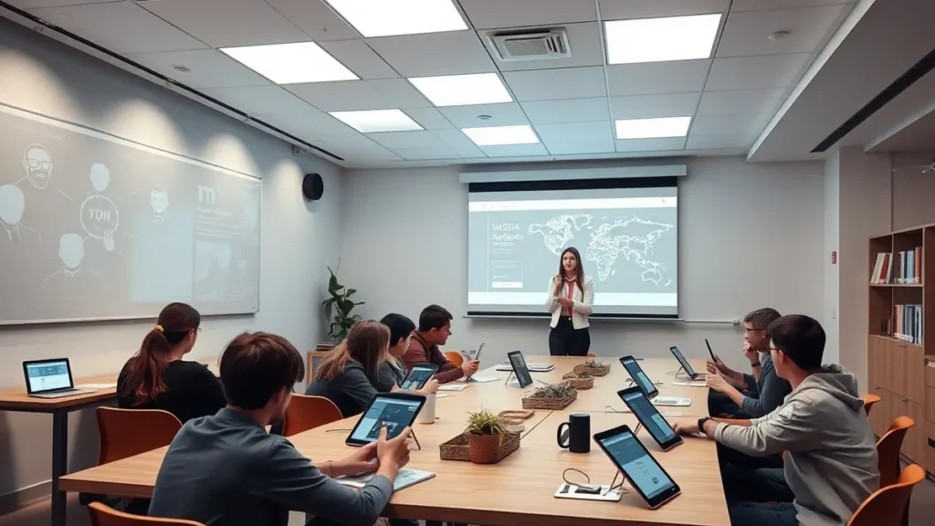 Aula scolastica moderna con studenti che usano tablet e lavagna interattiva
