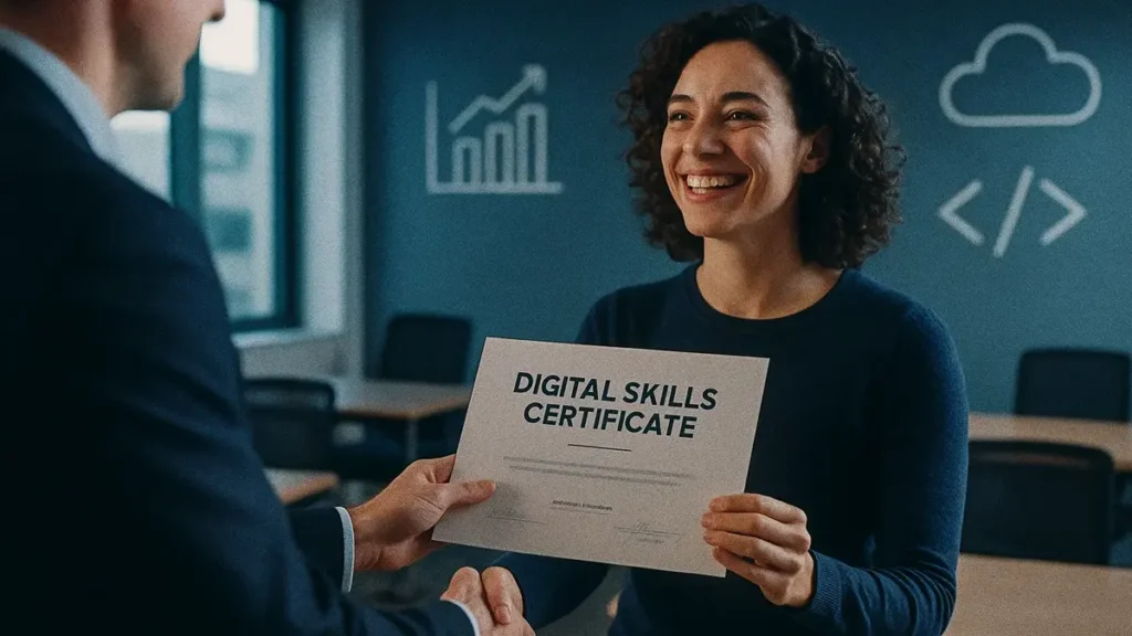 Certificazione competenze digitali riconosciuta appesa a una parete di un ufficio moderno