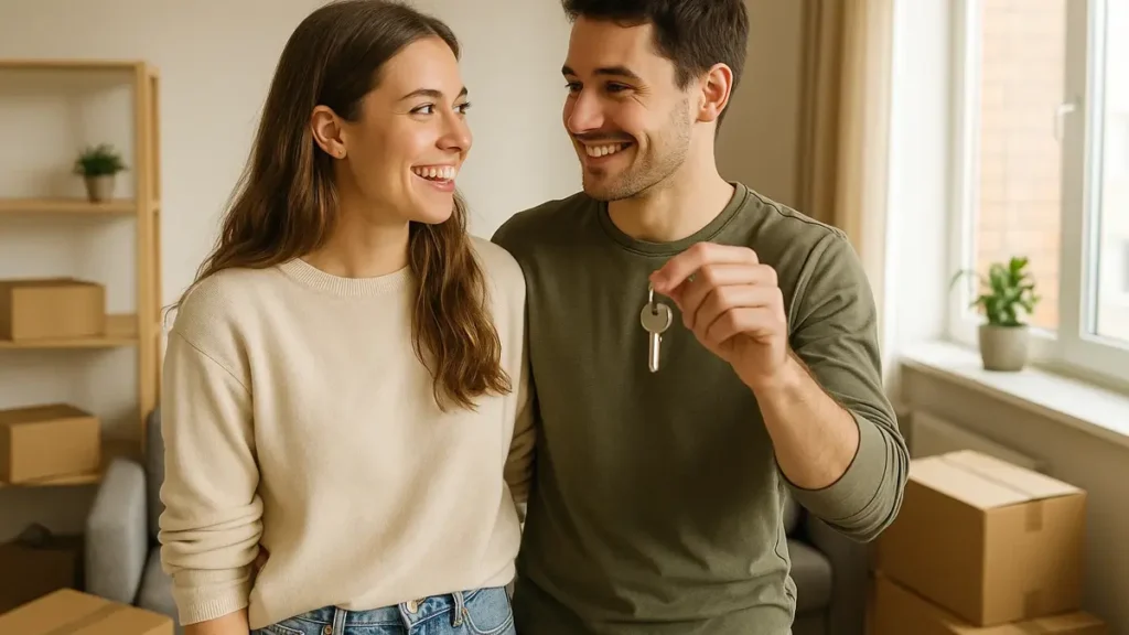 Giovane coppia sorridente con le chiavi del nuovo appartamento in affitto