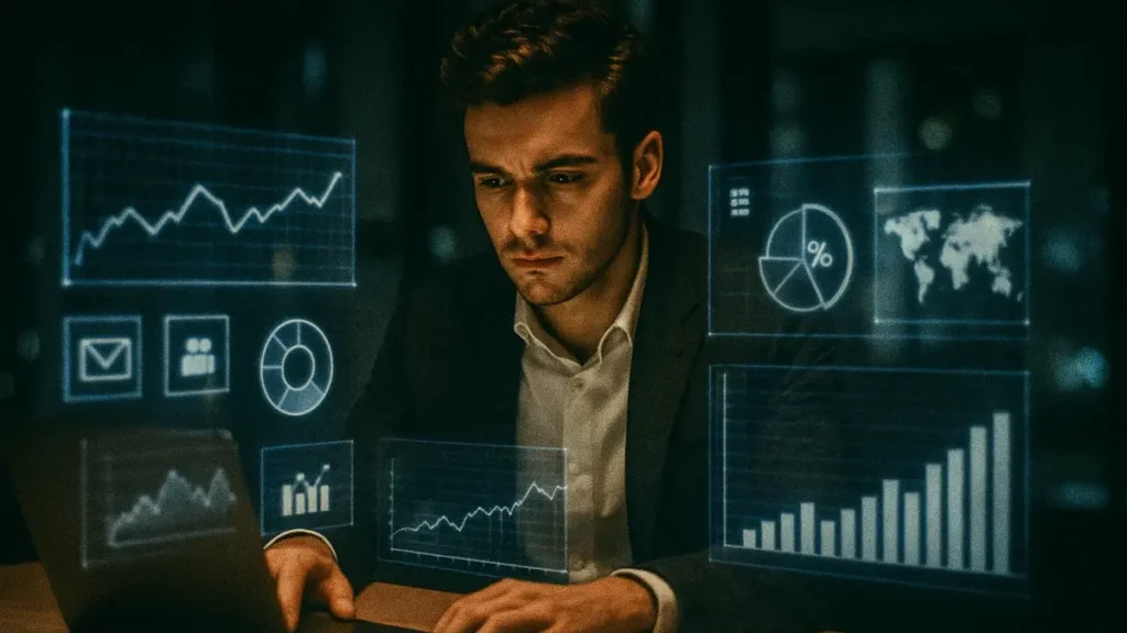 Giovane professionista che lavora su laptop con grafici digitali sullo sfondo