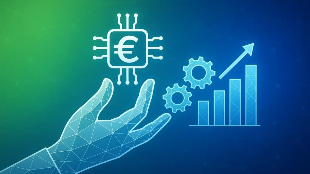 Grafico astratto con frecce crescenti e simboli digitali
