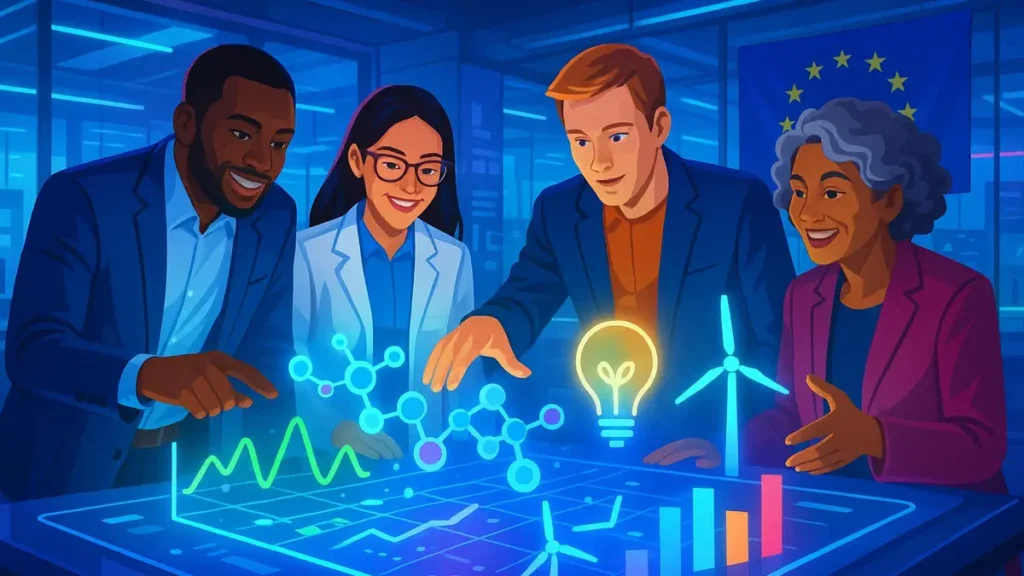 Gruppo di ricercatori e imprenditori innovativi che collaborano a un progetto europeo di ricerca