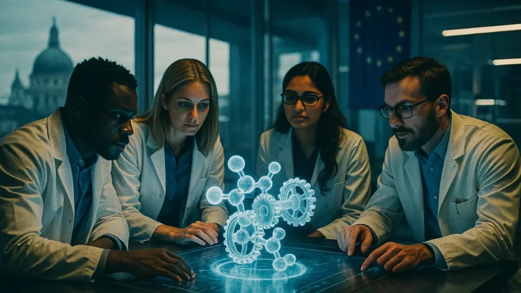 Gruppo di ricercatori e innovatori che collaborano davanti a uno schermo olografico con grafici e dati