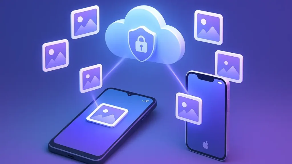Icone smartphone Android e iOS con nuvola di backup in background