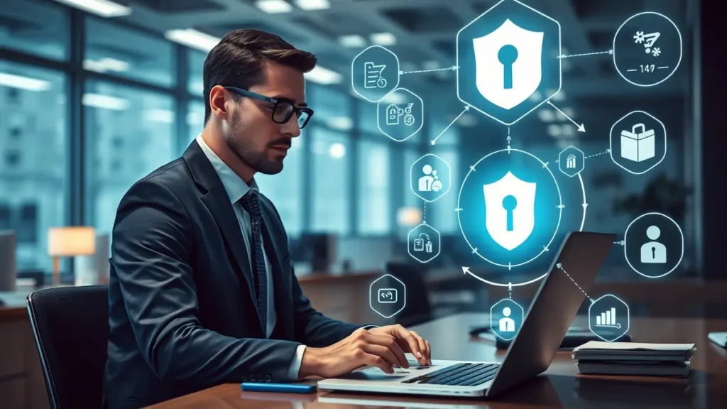 Manager che utilizza laptop protetto da password con icone di sicurezza informatica