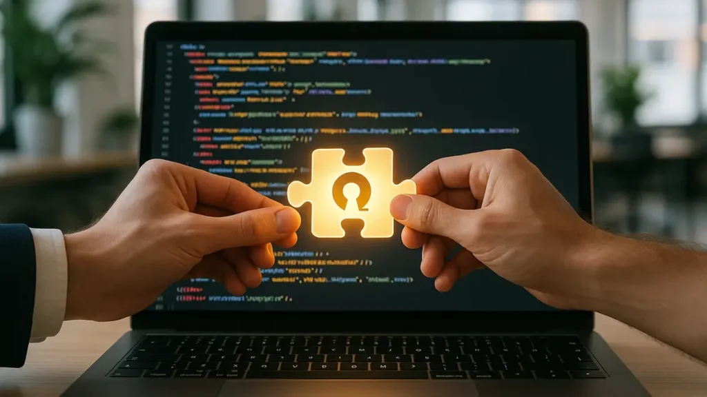 Mani che assemblano simboli di codici open source su un puzzle digitale