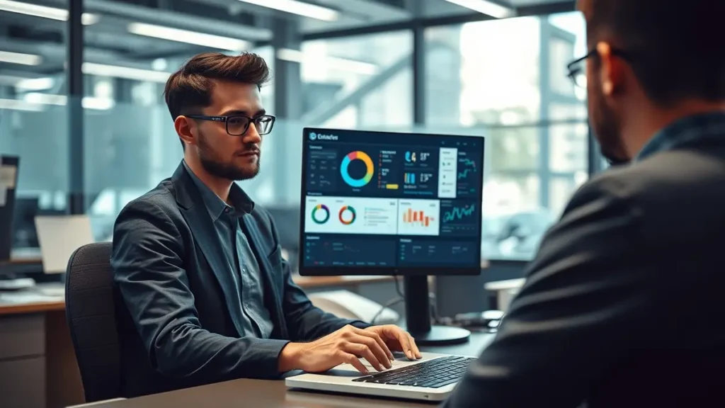 Professionista al computer che utilizza software gestionale con grafiche digitali