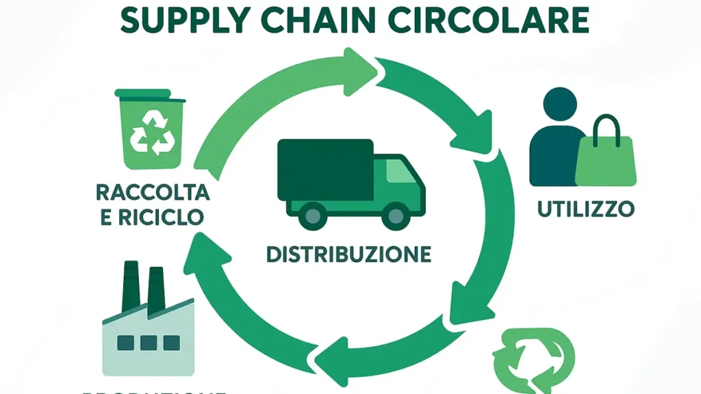 Schema grafico che illustra il flusso di una supply chain circolare con icone
