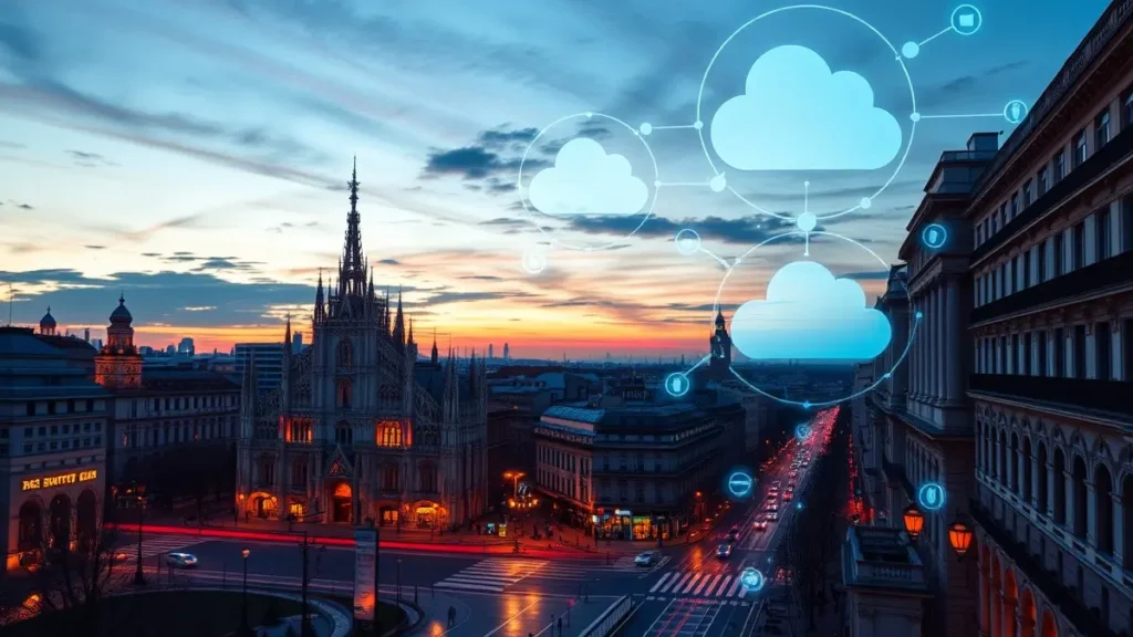 Skyline digitale di Milano con overlay tecnologici simbolo dell’innovazione digitale 2025