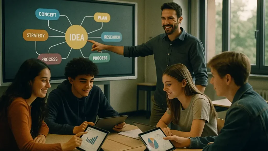 Studenti in un aula moderna e luminosa interagiscono con tablet e una lavagna interattiva