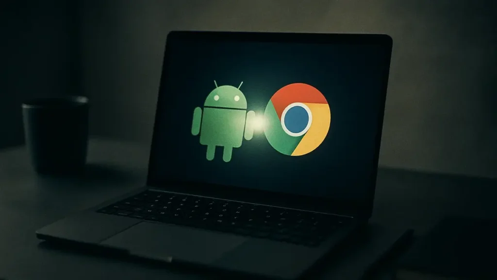 Un laptop moderno ed elegante con sullo schermo i loghi di Android e ChromeOS