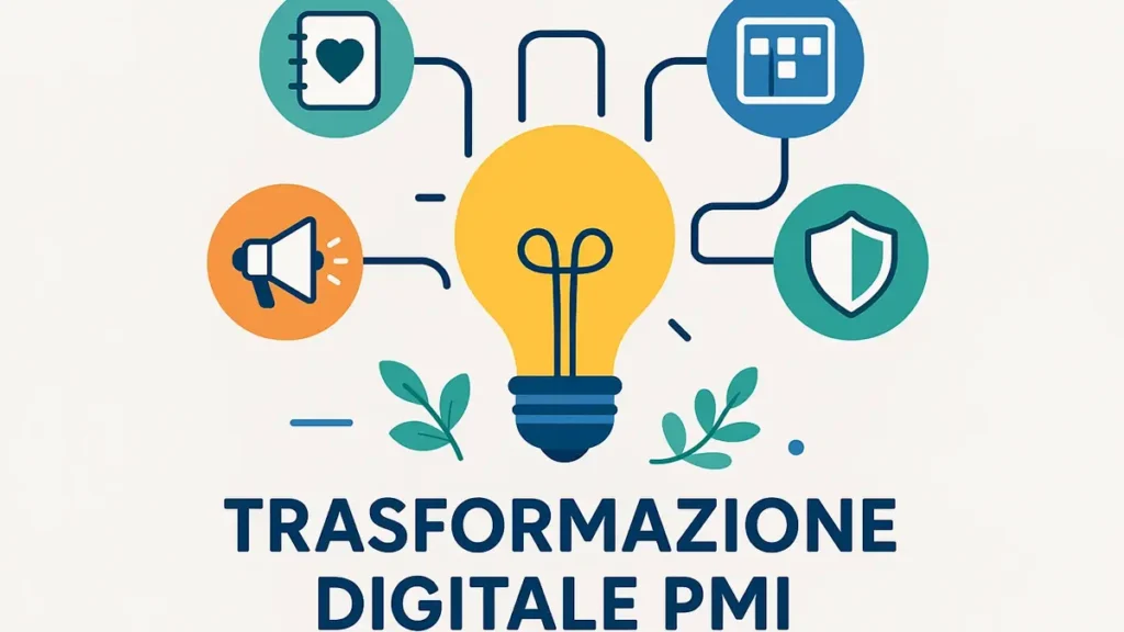 Una selezione di icone di software gratuiti per la trasformazione digitale delle PMI su uno sfondo tecnologico