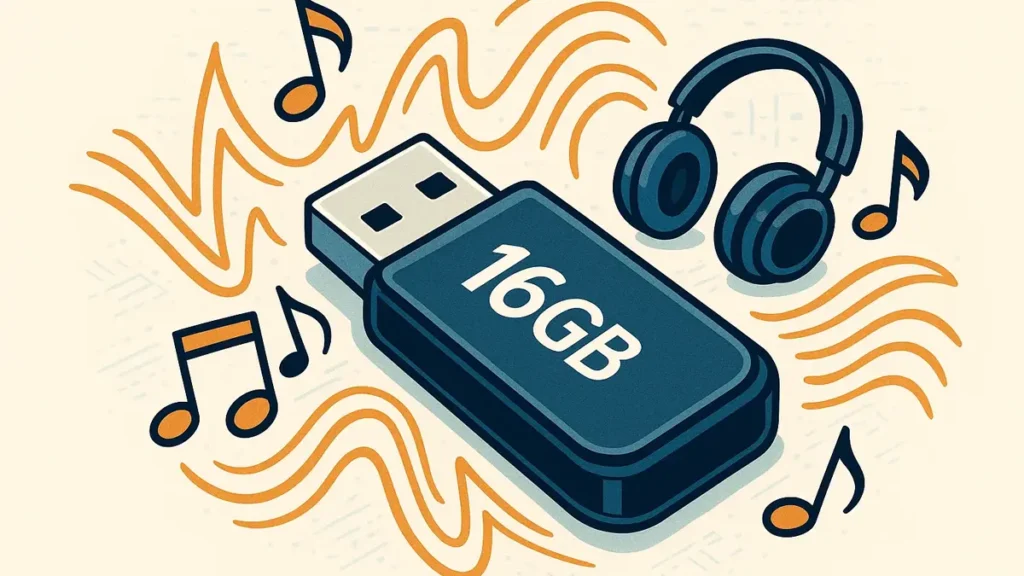 Chiavetta USB da 16GB circondata da note musicali e cuffie