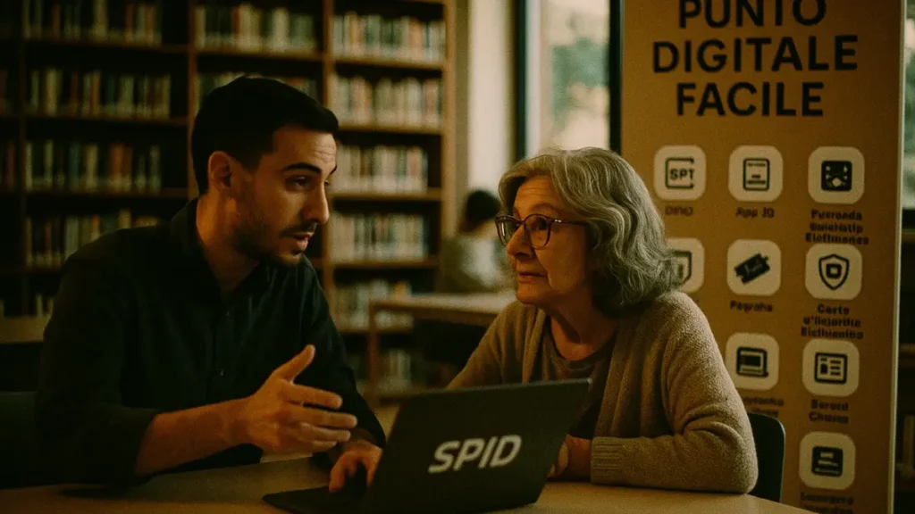 Facilitatore digitale che aiuta un cittadino ad attivare SPID in un Punto Digitale Facile