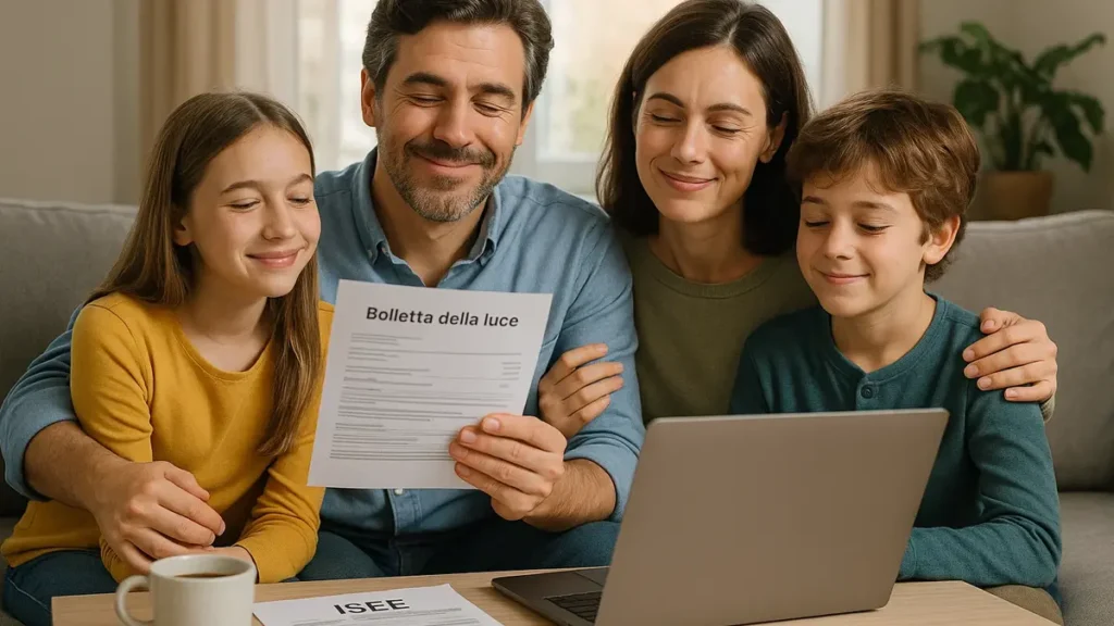 Famiglia che consulta bolletta energetica con sollievo in casa moderna
