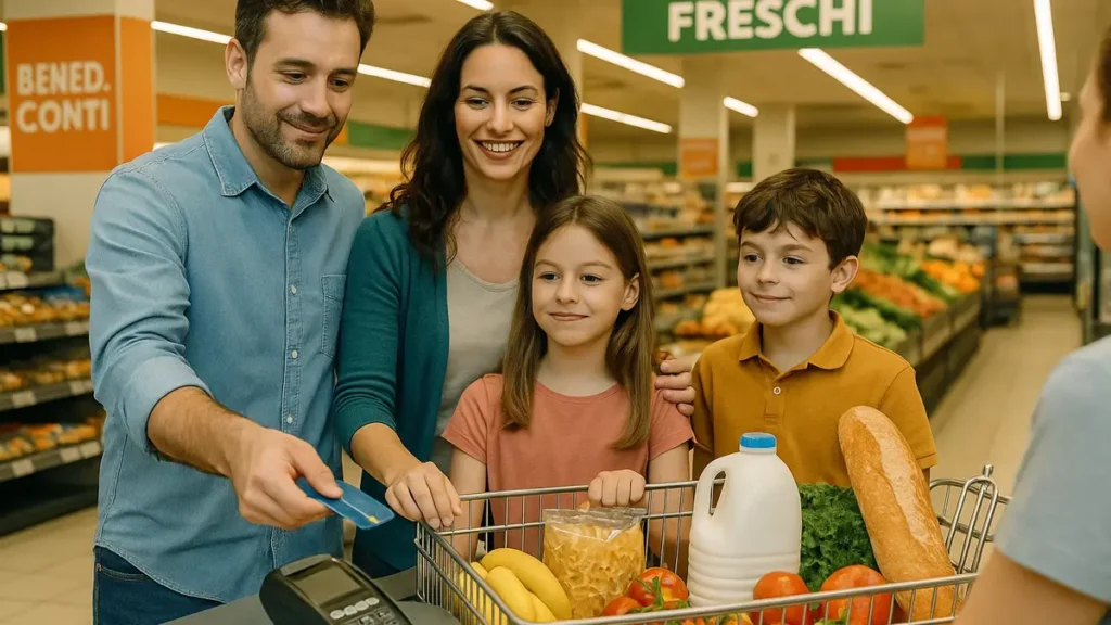 Famiglia che fa la spesa al supermercato utilizzando una carta prepagata