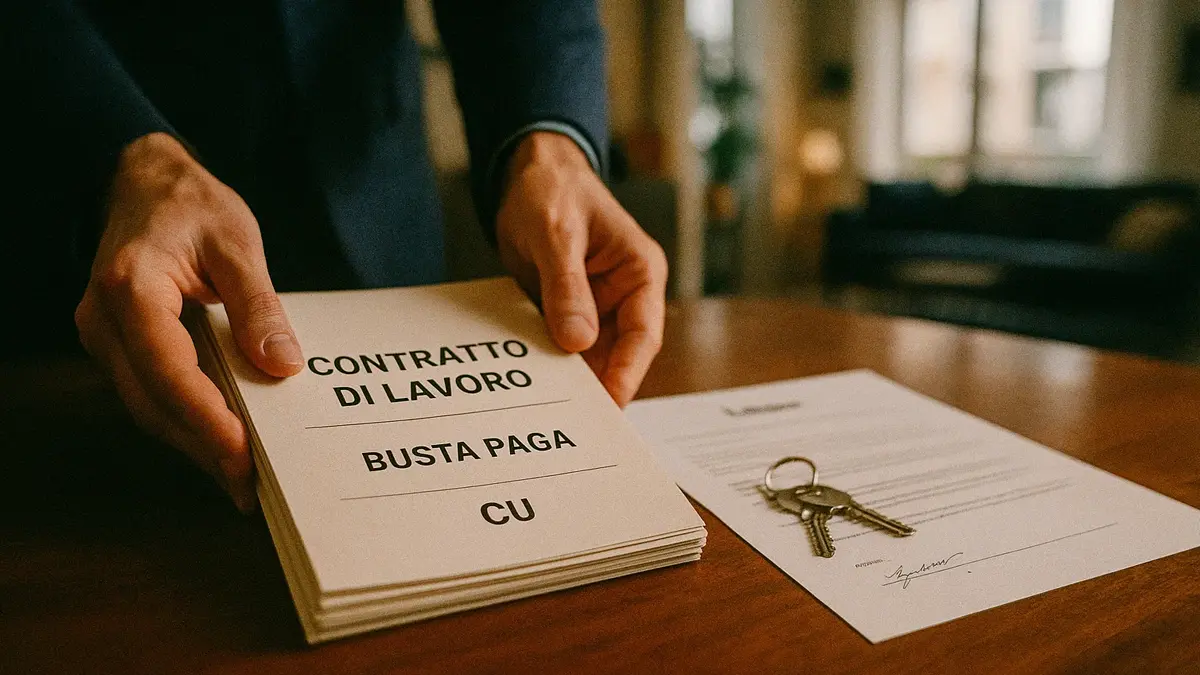 Giovane professionista sorridente con contratto di lavoro in mano e chiavi