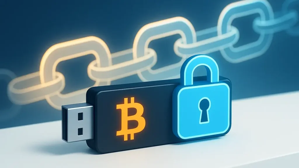 Hardware wallet crypto Ledger con Bitcoin e lucchetto digitale