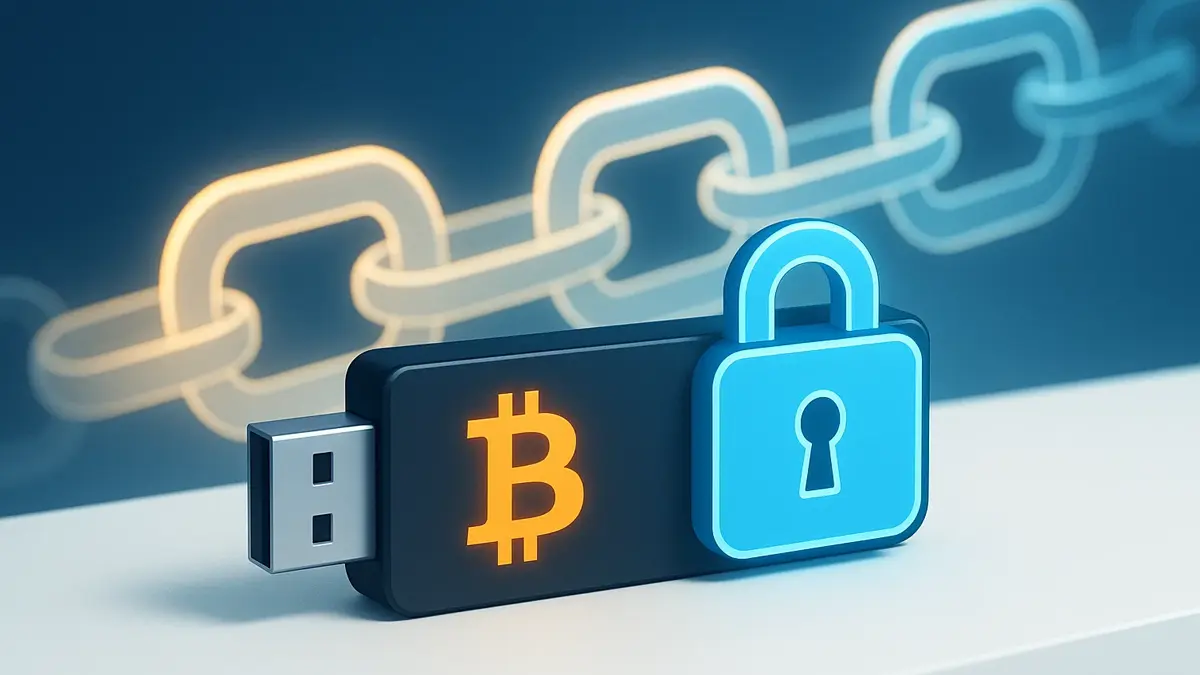 Hardware wallet crypto Ledger con Bitcoin e lucchetto digitale