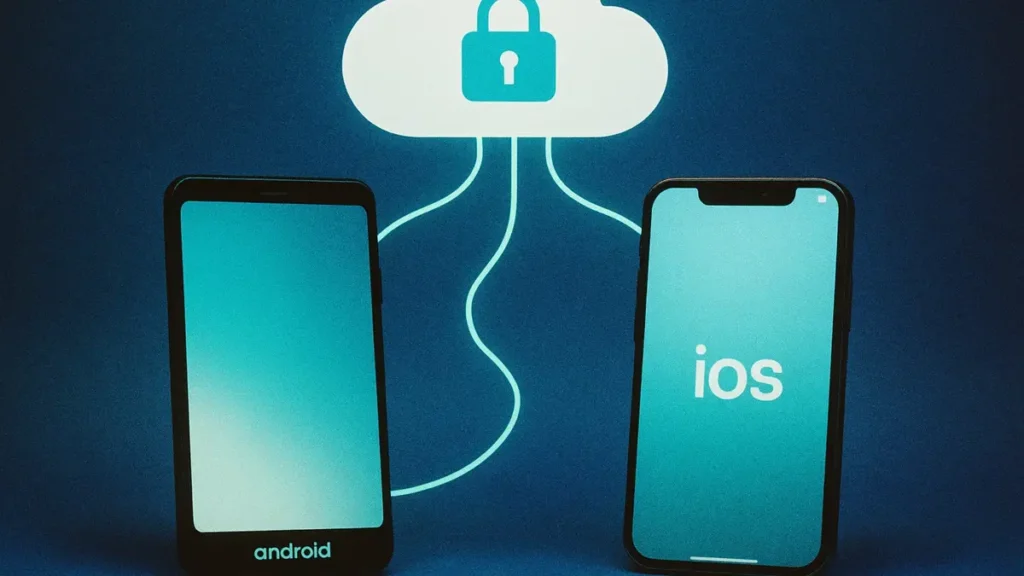 Icone di smartphone Android e iPhone che si sincronizzano automaticamente