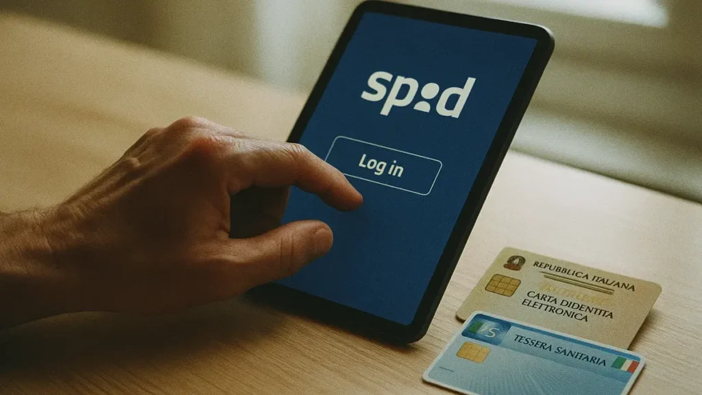 Illustrazione di una mano che tiene un tablet con il logo SPID visibile