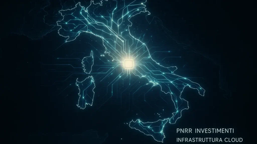 Mappa concettuale futuristica Italia illuminata dalle reti 5G e fibra ottica