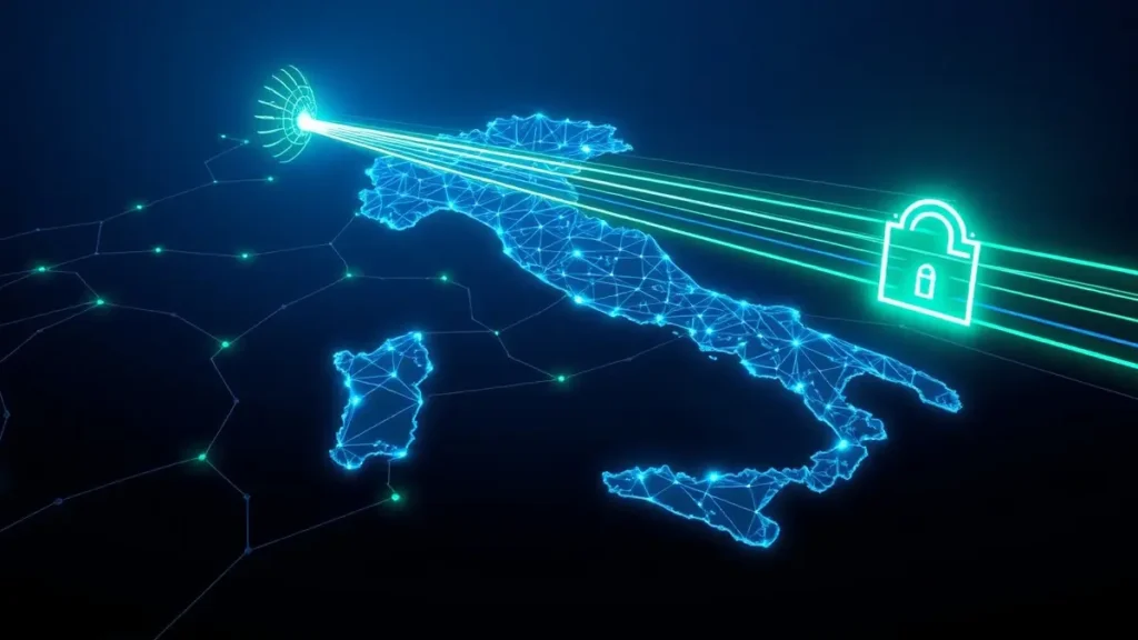 Mappa digitale Italia con punti luce e onde 5G