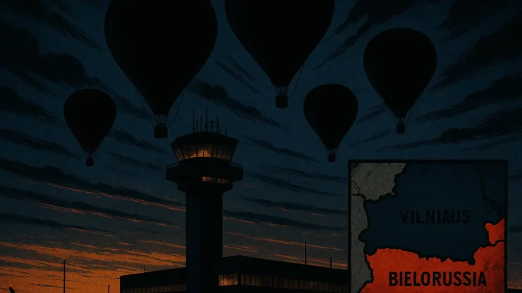 Palloni aerostatici che sorvolano un aeroporto