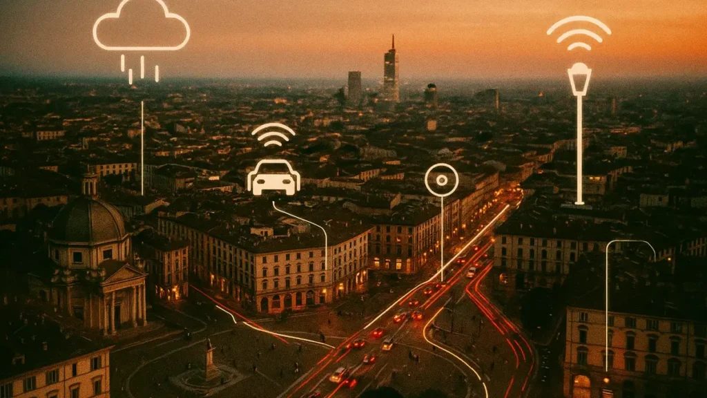 Rappresentazione 3D di una città italiana con flussi di dati e simulazioni urbanistiche