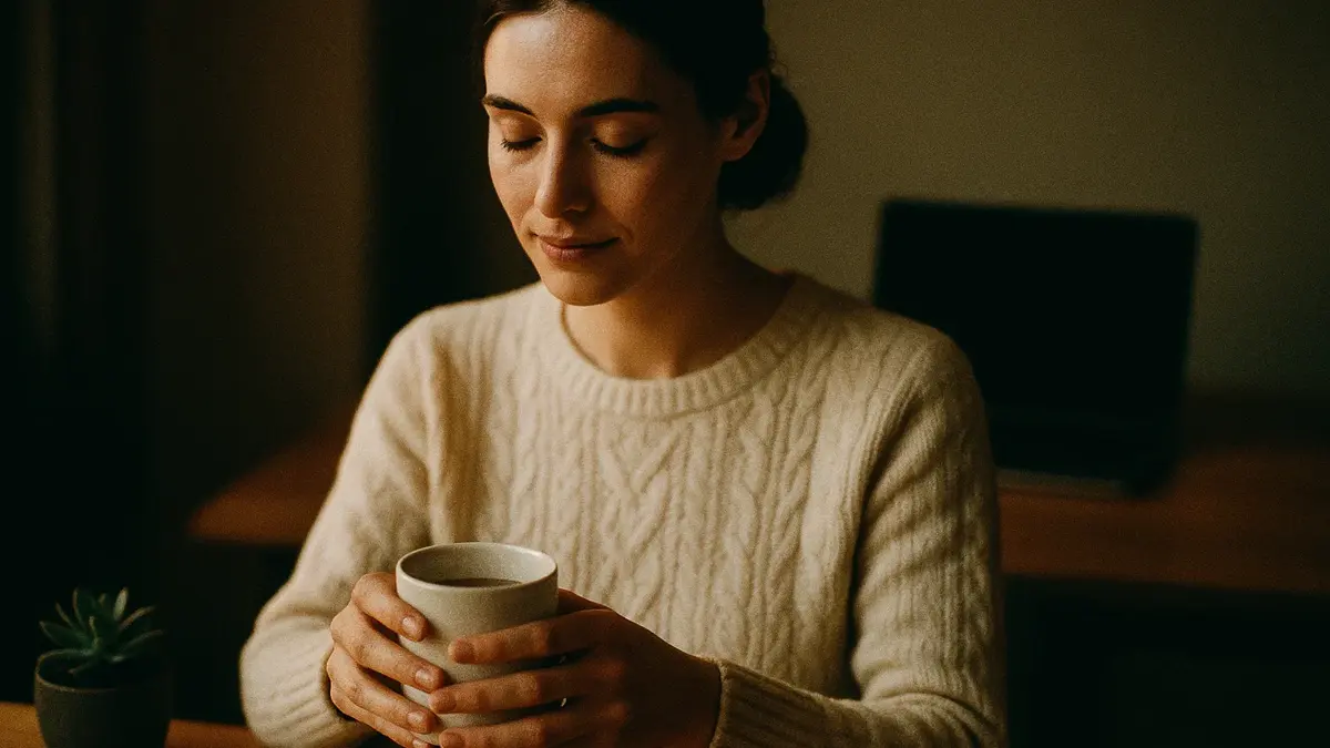 Donna rilassata che pratica stretching leggero o yoga vicino a una finestra luminosa