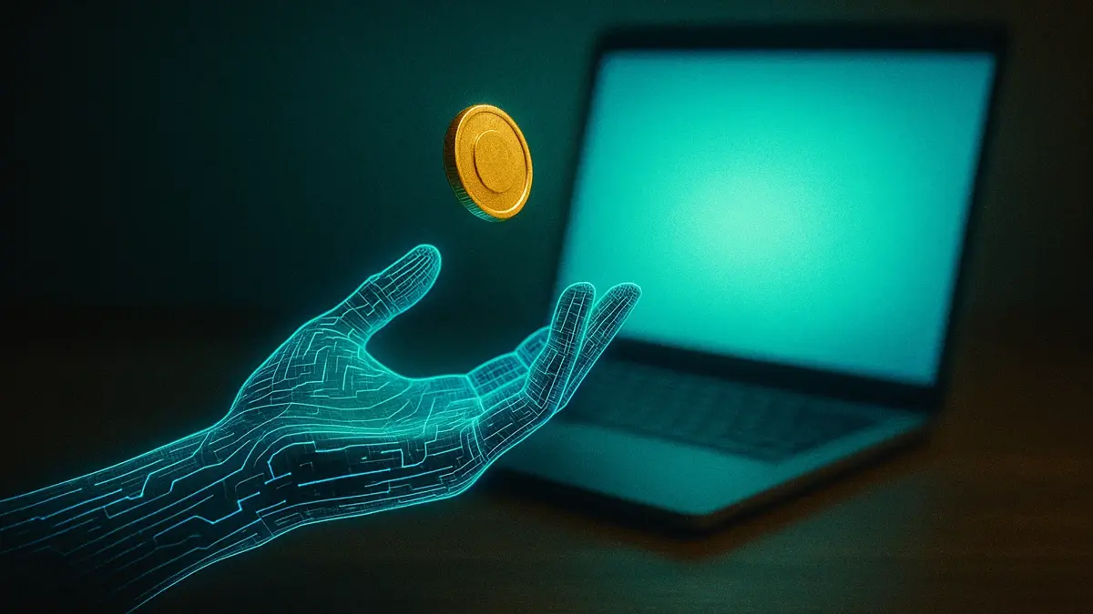 Mano robotica che offre una moneta oro